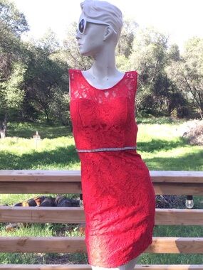 ❤️City Triangles Y2K Red Hot ❤️Lace Mini Dress with Rhinestone Waist